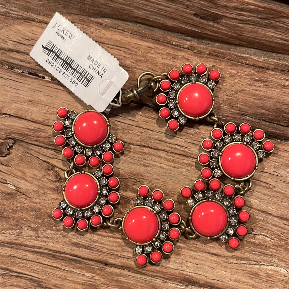 J. Crew Bright Orange & Crystal Fan Design Bracelet NWT